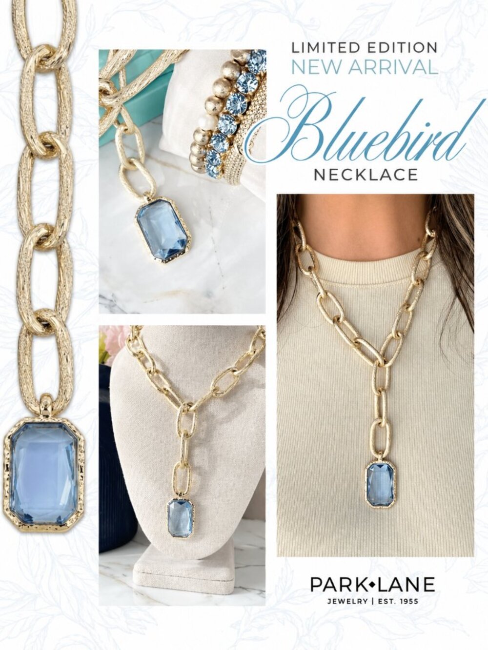 Park Lane Bluebird Gold Tone Chain Necklace w/ Blue Stone Pendant